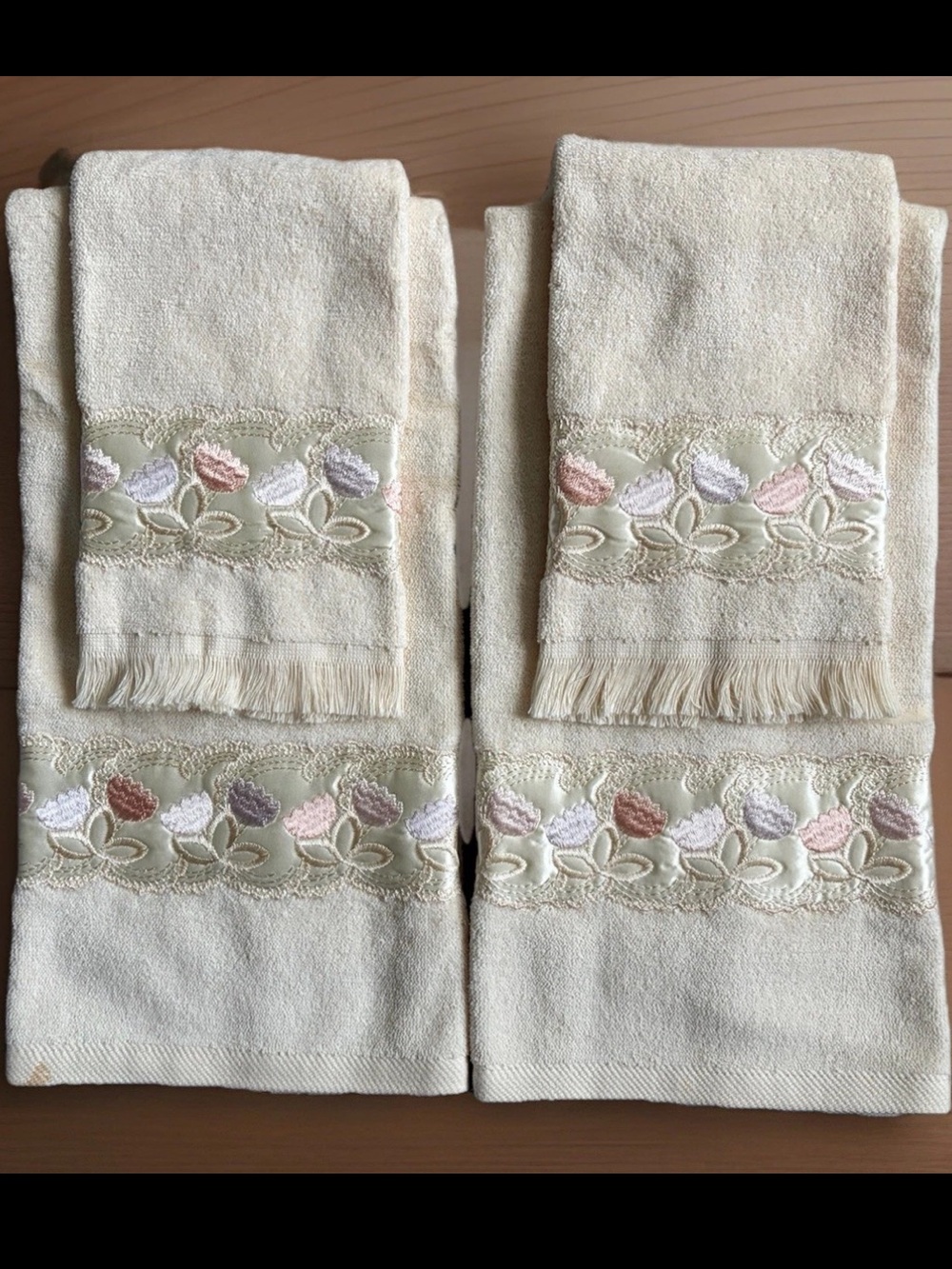 Vintage TROUSSEAU Towel Set 10pc Ivory Cotton Satin Flower Trim 1985 NEVER USED!